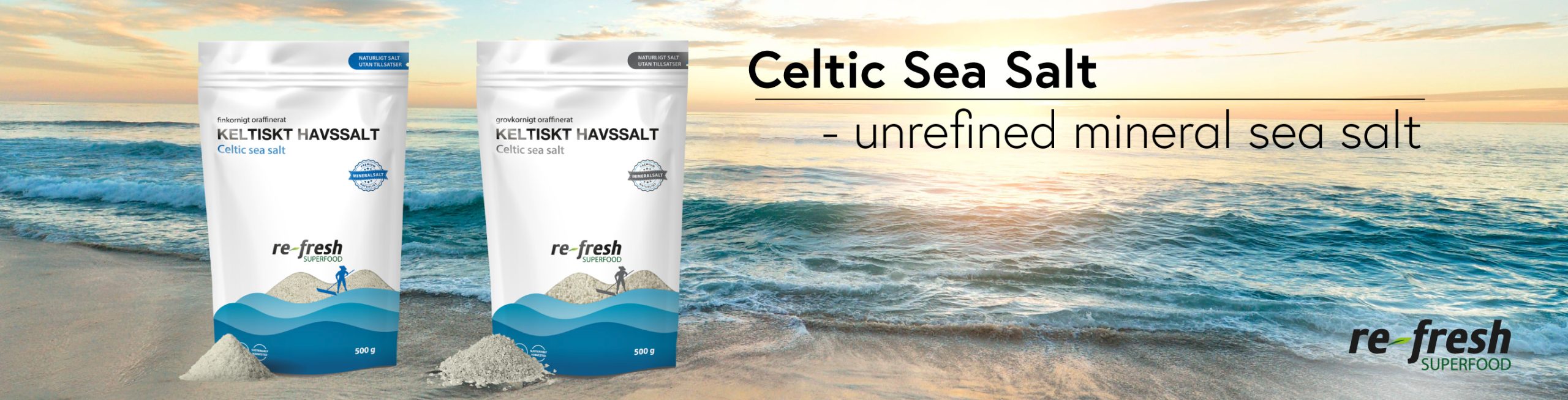 Keltisk havsalt, uraffineret mineralsalt fra Natureteam på stranden ved solnedgang