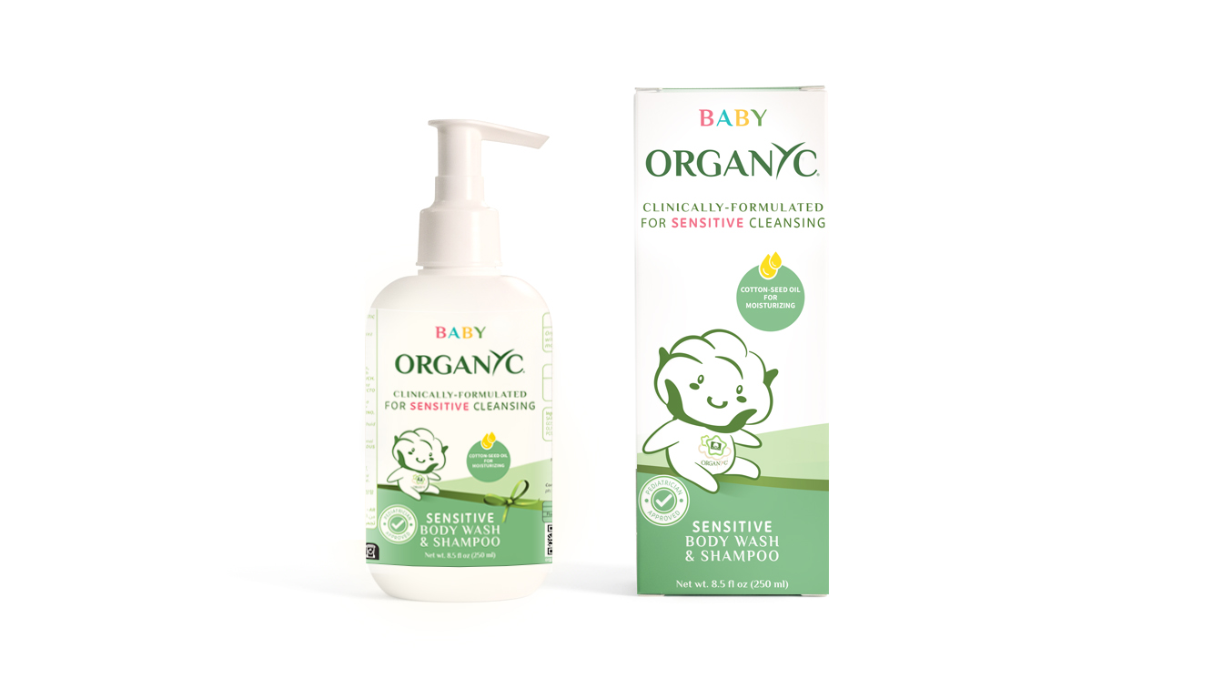 Organyc Baby Wash & Shampoo – ekstra mild 2-i-1 hår- og kropsvask til babyer med økologisk kamille og bomuldsfrøolie.